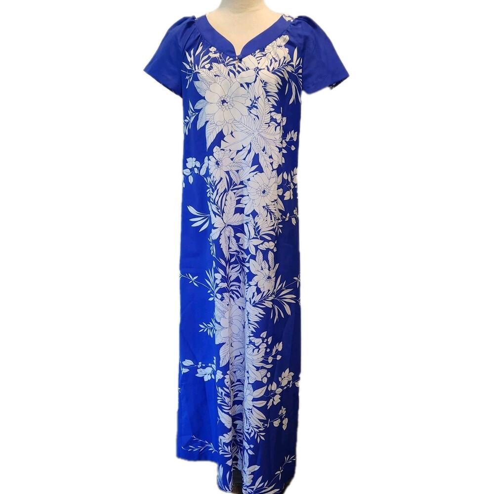 Vintage 80s USA Womens Blue Floral Hawaiian Maxi Kaftan Aloha Luau Resort Dress